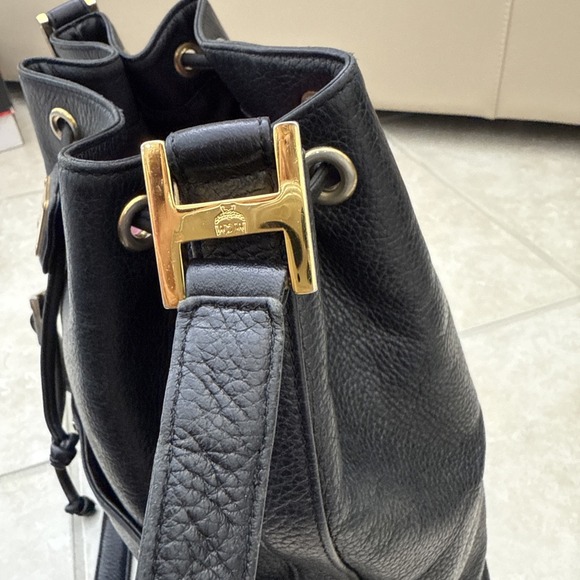 MCM Vintage Black Leather Drawstring Bucket Bag Purse Rare Large Boho‎ Hippie - Picture 13 of 16